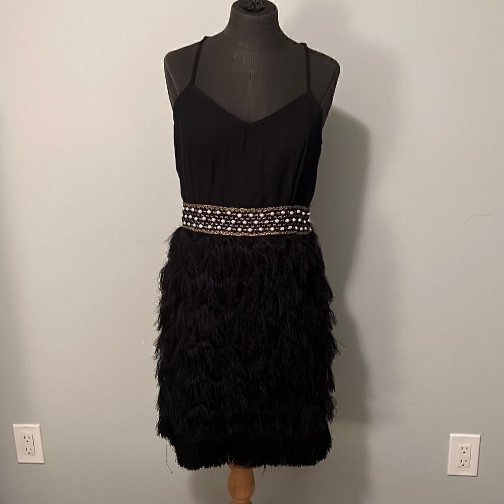 Miss L Women's Black Strap Racerback Bejeweled Feather Mini Dress Size 12/36